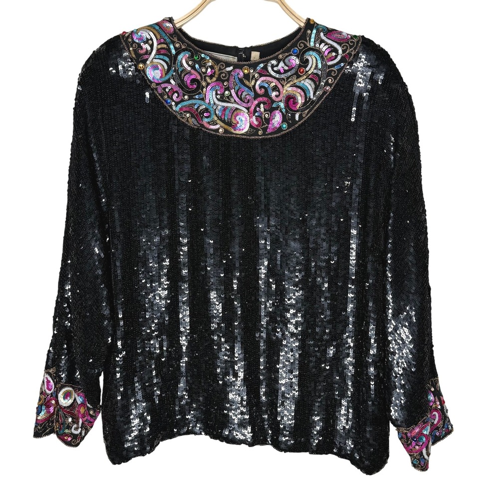 Donnatella Black Sequin Beaded‎ Collar Long Sleeve Silk Blouse Top Women's Sz L*
